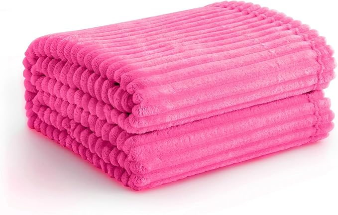 Vessia Flannel Fleece Twin Blanket for Couch,Sofa,Bed, 300GSM Striped 60x80 inch Hot Pink Blanket for Adults and Kids, Super Soft Warm Cozy Lightweight Ribbed Throw for All-Season