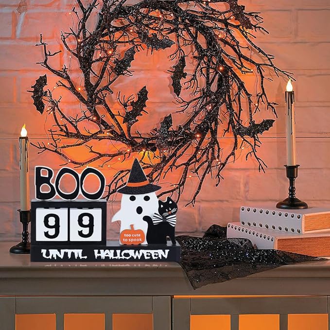 Halloween Decorations Indoor, DECSPAS Wood Halloween Countdown Calendar Halloween Decor, Two Movable Numeral Blocks for Counting 99 Days to Halloween, Ghost Ornaments Boo Sign Halloween Room Decor