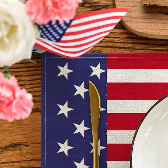 Artoid Mode Watercolor Stripes and Stars 4th of July Placemats Set of 4, 12 x 18 Inch Patriotic Memorial Day Seasonal Holiday Table Mats for Dining Table Decoration