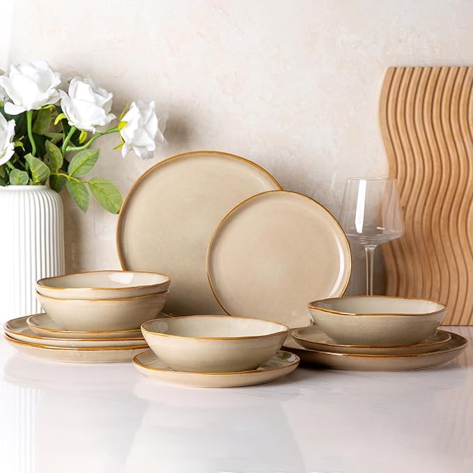 AmorArc Ceramic Dinnerware Sets,Handmade Reactive Glaze Stoneware Plates and Bowls Set,Highly Chip and Crack Resistant | Dishwasher & Microwave Safe Dishes Set,Service for 8 (24pc)
