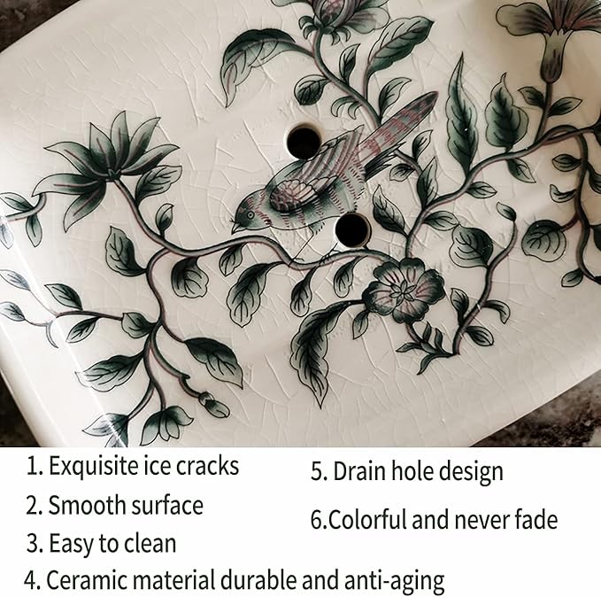Ceramic Soap Dish, Ice Crack Ceramic Bird and Flower Pattern Soap Dish Holder for Bathroom, Creative Porcelain Shower Soap Tray Box Bath Accessories with Two Drain Holes