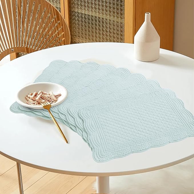 HOMBYS Quilted Placemats Set of 6 Washable-13x18 inches Rectangular Placemats for Kitchen Table-100% Cotton Fabric Rectangular Table Mats, (Light Blue)