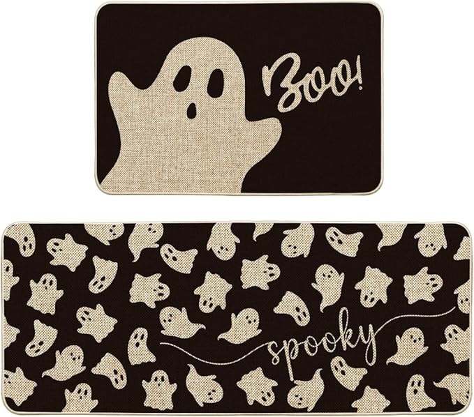 Artoid Mode Spooky Ghosts Boo Halloween Kitchen Mats Set of 2, Black Home Decor Low-Profile Kitchen Rugs for Floor - 24x35 and 24x59 Inch