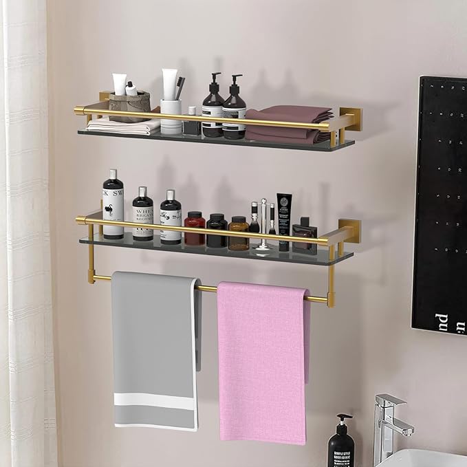 Bathroom Glass Shelf with Towel Bar/Rack 24 inches Wall-Mounted Shelves Tempered Glass Sink Toilet Organizer Shower Towel Decorative Storage (Polished Gold Finish)