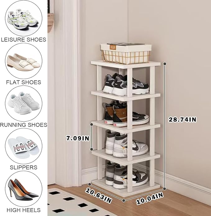 Bamboo Shoe Rack 5Tier- Vertical White Shoe Rack for Small Spaces, Tall Narrow Shoe Rack Organizer for Closet Entryway Corner Garage and Bedroom,Skinny Shoe Shelf with Free Stackable DIY