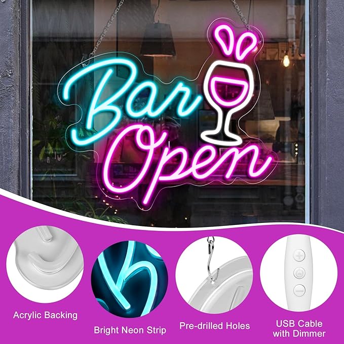 Bar Open Signs for Business, 16.5"X 14.3" Dimmable LED Neon Open Sign Powered by USB with ON/OFF Switch, Bright High Visibility Light Up Neon Sign for Home Beer Club Party Gift