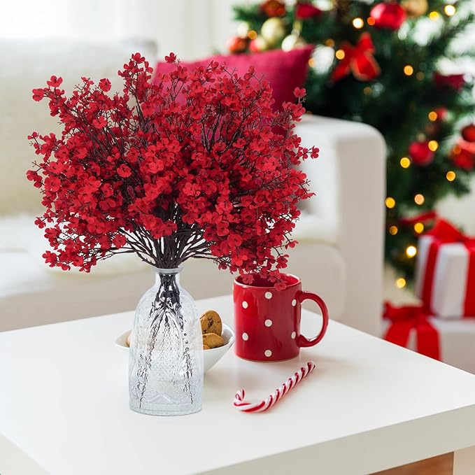 AILANDA 12 Bundles Babys Breath Artificial Flowers Red Real Touch Faux Gypsophila Bouquet Fake Silk Plants Decor for Home Wedding Bouquets Floral Arrangement Party Table Winter Ceterpieces Decorations
