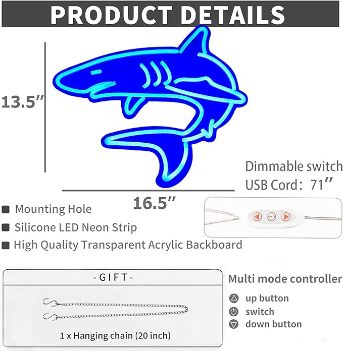 Dimmable Shark Neon Signs for Wall Decor,Large Reusable Shark Neon Light Sign for Boys Gifts Living Game Room Shop Hotel Bar Birthday Party Decor Lifelike Shark Night Light 16.5X13.5 Blue