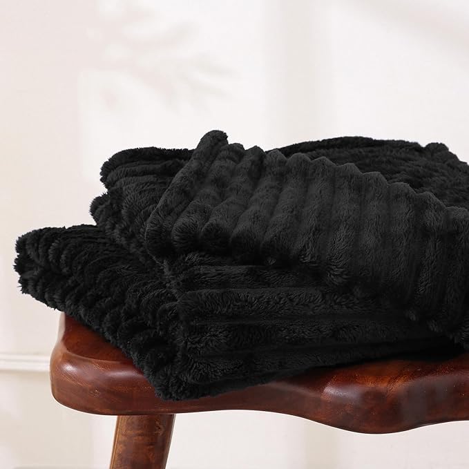 Black Fleece Throw Blanket 50”×60” for Couch Sofa Bed,Super Soft Cozy Plush Microfiber Flannel Blanket with Stripes Design Lightweight for Adults,Woman,Girls