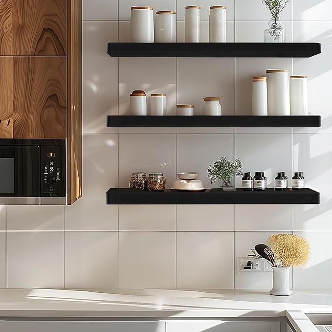 Floating Shelves for Wall, Wood Shelves with Invisible Brackets for Bathroom, Living Room, Bedroom and Kitchen, Long Wall Shelf for Books/Storage/Room Decor, 17 Inch, Set of 2, Black