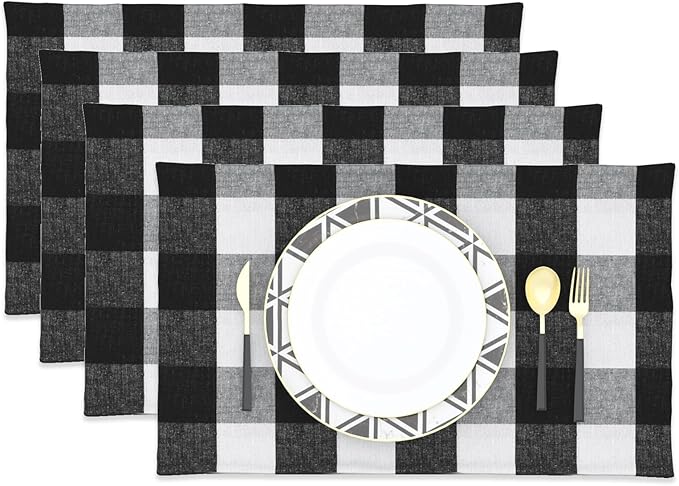 Black & White 2 Side Cotton Buffalo Check Placemats Set of 4 Heat Resistant Dining Table Place Mats for Kitchen Table, 12 x 18 inches