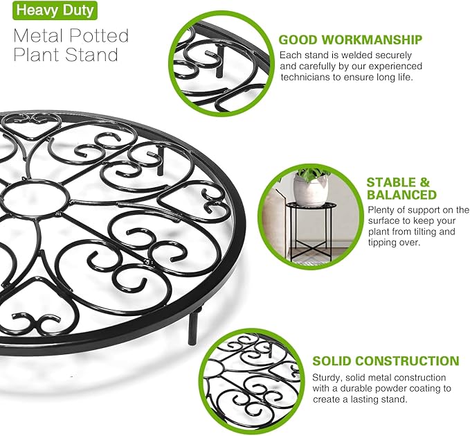 Plant Stand Indoor Outdoor, 2 Pack 15" Tall Flower Pot Stand, Round Metal Corner Plant Stand for Flower Pot, Rustproof Flower Plant Holder for Home, Garden, Patio, Plant Lovers, Housewarming