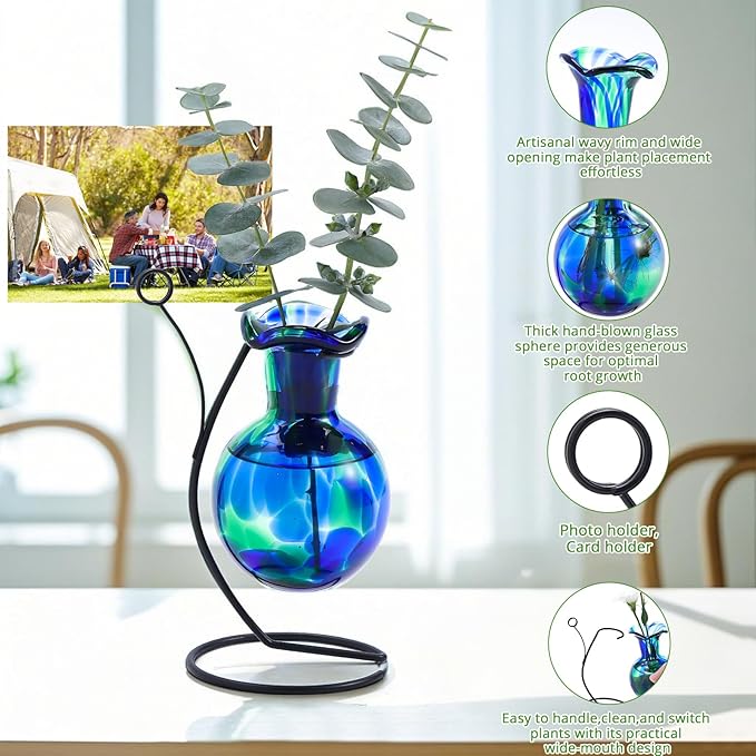 Hand Blown Glass Plant Propagation Station with Metal Stand and Photo Holder,Tabletop Plant Terrarium for Propagating Hydroponic Office Garden Home Decor, Gifts for Women Plant Lover