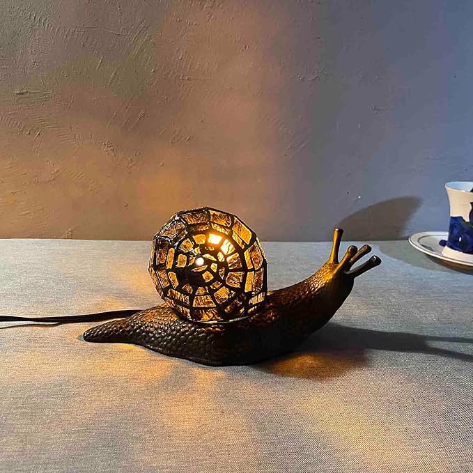 Bieye L10980 Land Snail Tiffany Style Stained Glass Accent Table Lamp for Home Decor (Amber, 10" D x 5" W x 5" H)