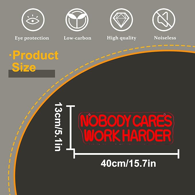Nobody Cares Work Harder Neon Sign, Motivational Neon Light USB Powered Lnspirational LED Neon Light Wall Art, for Office Study Room Or Gym Teen Bedroom Modern Decor(15.7 * 5.1 In)