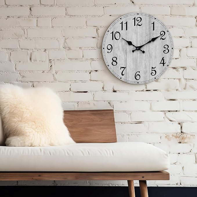 HYLANDA Wall Clock, 10 Inch Wall Clocks Battery Operated Silent Non Ticking, Country Wooden Clocks Farmhous Clock for Bathroom, Living Room, Kitchen, Bedrooms (Gray)