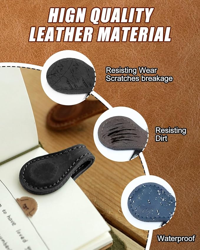 1Pcs Magnetic Leather Bookmark - Vintage Faux Double-Sided Magnetic Bookmark Page Clip for Women & Men, Book Accessories Compact Book Lover Gift for Readers, Travel & Office (Black)