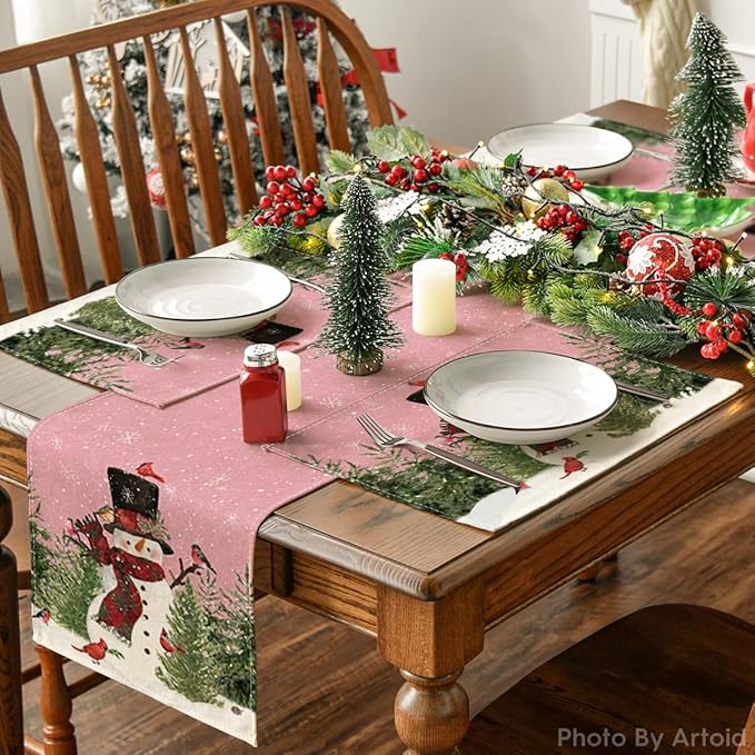 Artoid Mode Snowman Birds Trees Christmas Placemats Set of 4, 12x18 Inch Seasonal Pink Winter Holiday Table Mats for Party Kitchen Dining Decoration