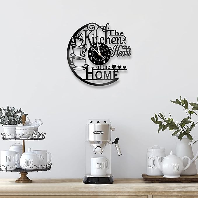 12 Inch Kitchen Vinyl Record Wall Clock, Kitchen Heat Home Theme Wall Clock, Coffee Bar Decor, Coffee Wall Decor for Office Living Room, for Women Wives, Black