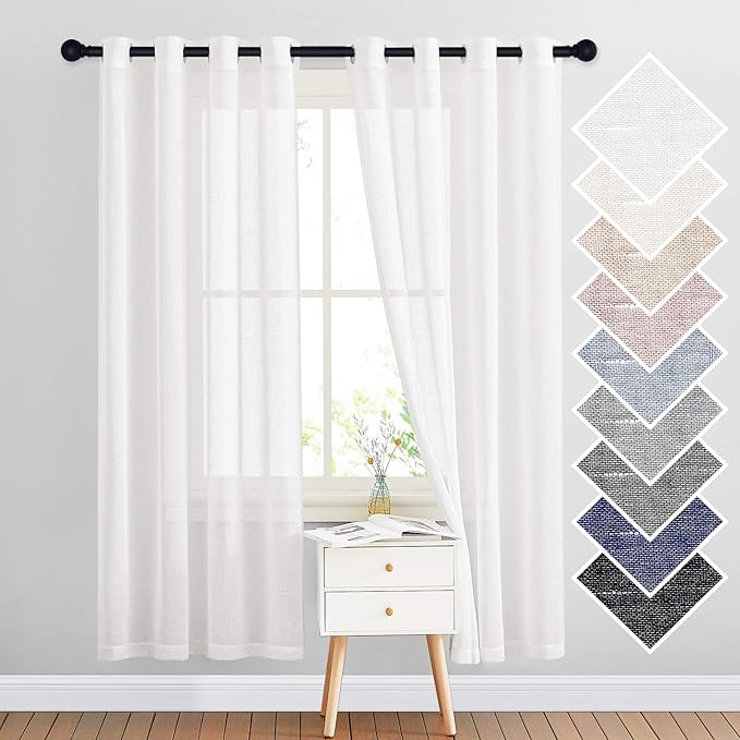 NICETOWN White Sheer Linen Curtains Flax Texture for Bedroom, Vintage Grommet Top Semitransparent Privacy Window Treatment Light Filtering for Living Room / Flat, W52 x L72, Set of 2
