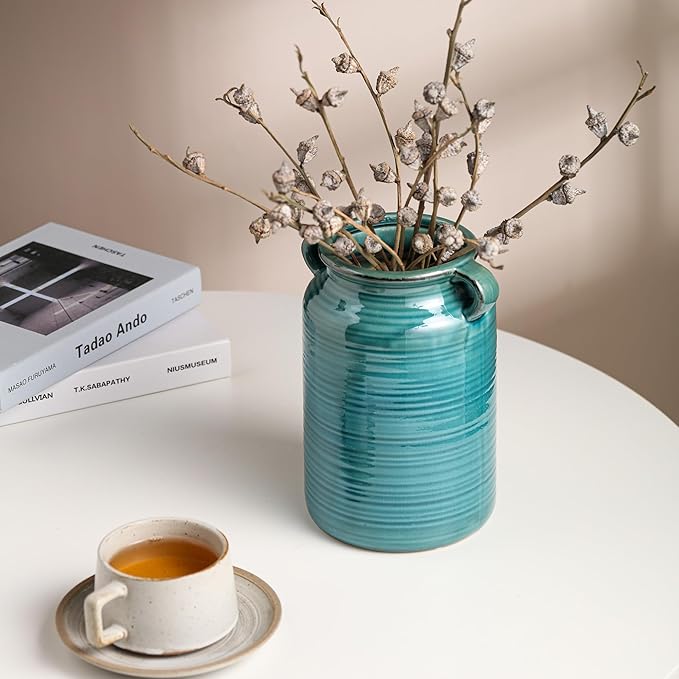 Ceramic Rustic Distressed Green Flower Vase for Centerpieces, Kitchen, Office or Living Room (5.9''x8.6'')