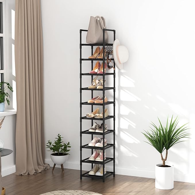 Tall Narrow Shoe Rack for Entryway, 10-Tier Sturdy Metal Shoe Shelf Storage 10-15 Pairs of Shoes and Boots, Space Saving Corner Shoe Rack Organizer for Closet,Doorway,Garage,Living Room