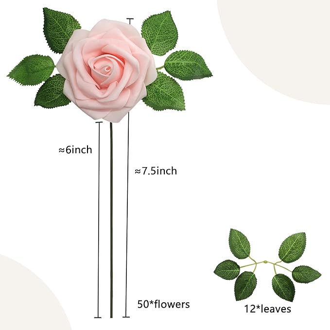 50PCS Artificial Flowers Blush Pink Roses Real Looking Foam Fake Roses with Leaves and for DIY Wedding Bouquets Bridal Shower Centerpieces Party Decorations (Blush Pink)