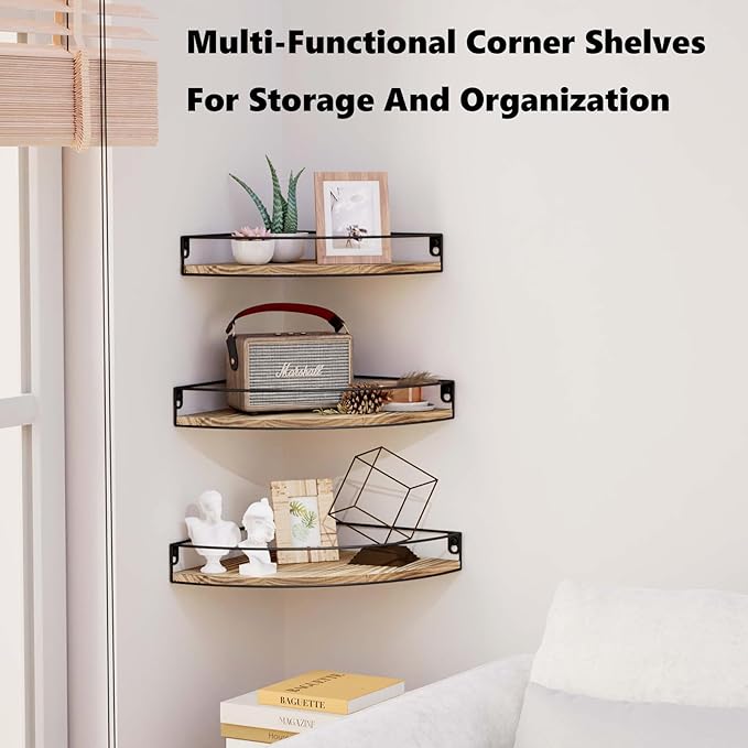 Corner Shelf Wall Mounted, Corner Floating Shelves for Wall, Wood Storage with Cable Hole for Kitchen Living Room Bedroom Bathroom, Rustic Brown Set of 3