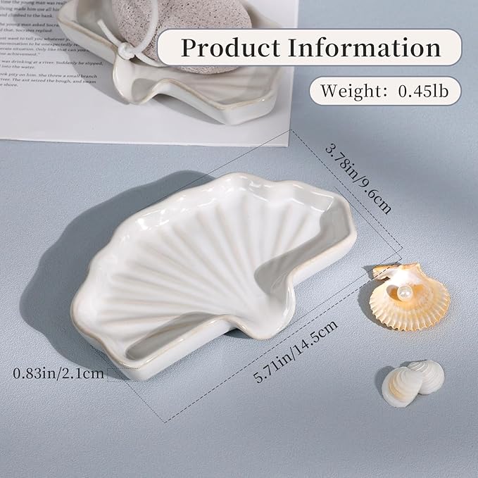 Soap Dish, Bar Soap Holder Self Draining Shell Shape Soap Dishes, White Ceramic Drain Soap Holder for Sink Bathroom Shower Kitchen, Easy to Clean Keeps Soap Dry, ANTIS'S HOME