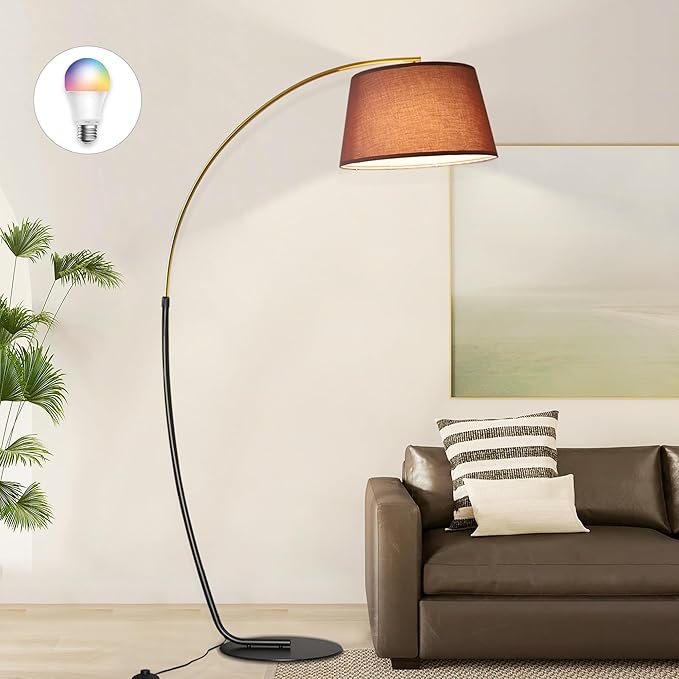 Arc Floor Lamp,74" Tall Floor Lamps,Vintage Floor Lamp Gold & Black Arched Pole Design,15W Dimmable RGB Bulb(LED) Included