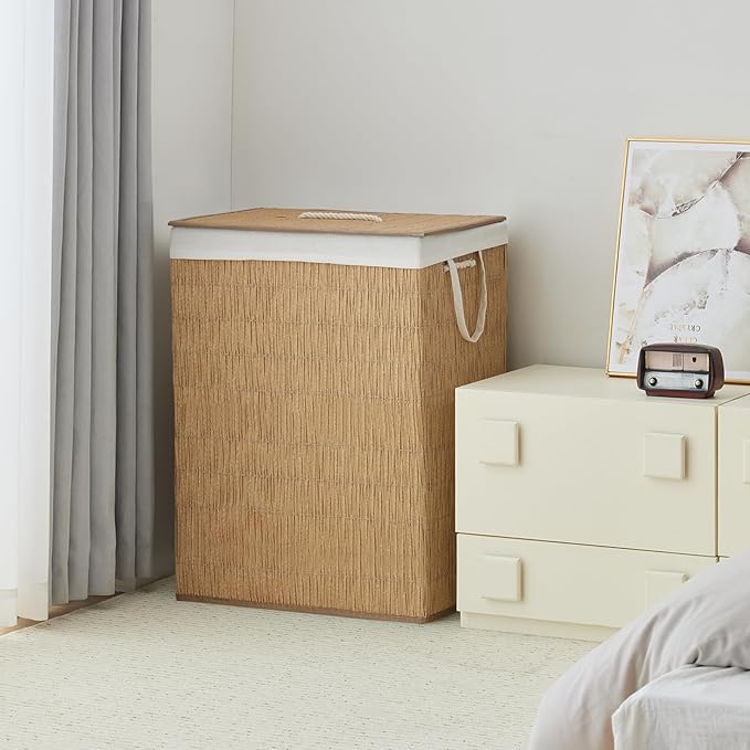 Laundry Hamper with Lid, 55.5 Gallon (210L), Large Handwoven Rattan Laundry Basket, 3 Section Clothes Hamper with Handles, 2 Removable Liner and Side Pocket, Natural