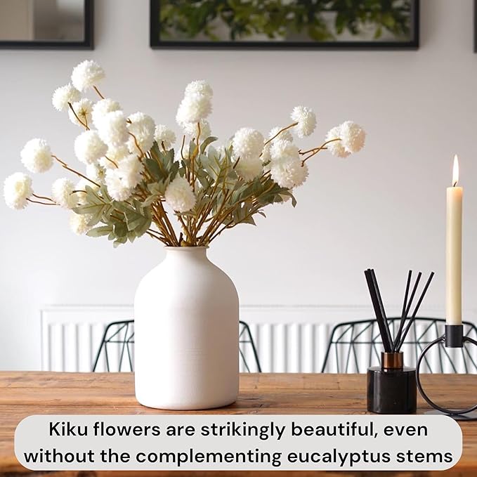 RyddeligHome White Faux Flowers for Vase - Kiku 10 Stems & Eucalyptus, Fake Flowers Stems, Realistic Artificial Flowers, Pom Pom Balls for Aesthetic Room Decor, Floral Arrangements Centerpiece