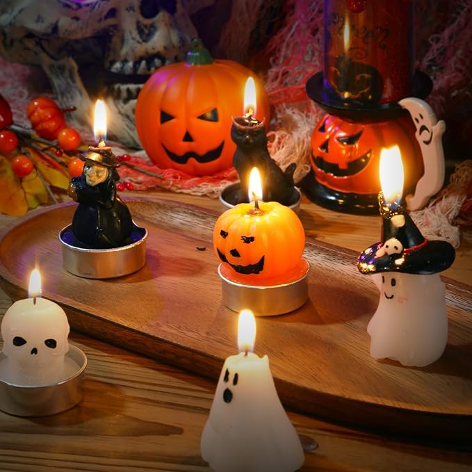 12 PCS Halloween Decoration Ghost Candles Pumpkin Skeleton Cat Witch Cute Mini Candles White Soy Wax Horror Tea Lights Spooky Set for Autumn Halloween Party Home Decorations