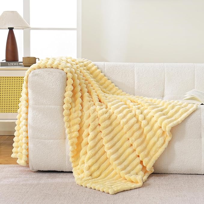 Bnuitland Super Soft Flannel Throw Blanket, 3D Striped Jacquard Fluffy Blanket for Bed,Sofa,Couch,Home Decor, 300GSM Fleece Lightweight Cozy Throw for Adults and Kids, 50X70 inches Light Yellow