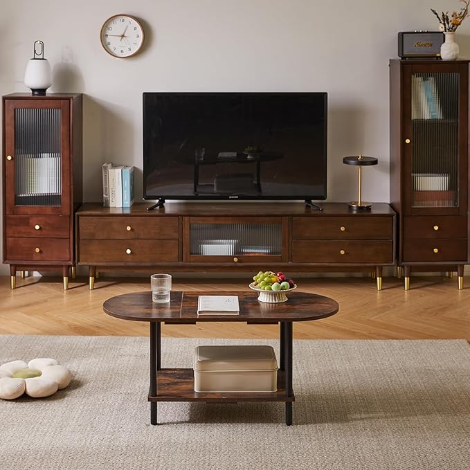 Rustic Coffee Table Splicing Design, TV Centre Table Stand 35 * 16 * 17", 2-Tier Oval Wood Tea Table for Living Room Apartment Rustic Brown YD-011H