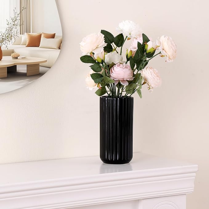 Black Ceramic Vase for Flowers, Modern Black Vase for Home Decor, Tall Ribbed Vase for Living Room, Office, Mantel, Bookshelf, Dining Table, 8 inches