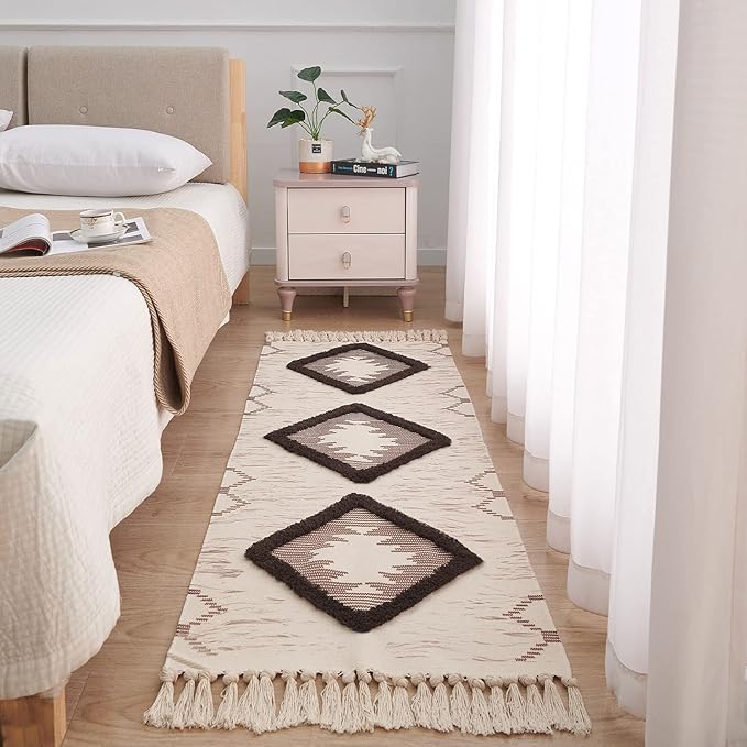 Boho Runner Rug 2'x5', Washable Hallway Rug Runner Non Slip Rubber Backed, Kitchen Farmhouse Area Rug Floor Mat with Tassels, Tufted Woven Cotton Entryway Carpet, Brown