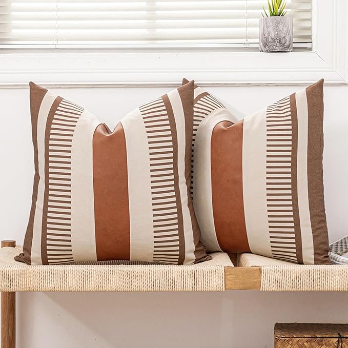 Farmhouse Stripe Pillow Cover 18x18 Boho Accent Cushion Case Faux Leather Decorative Pillowcase,Cocoa Brown and Beige (Cover ONLY, Pack of 2)