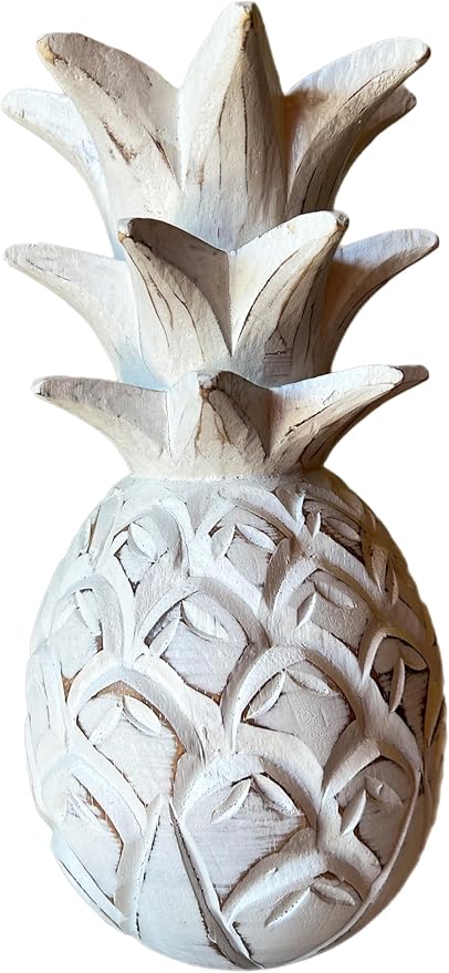 9 1/2" Solid Wood Pineapple Decor - Tabletop Bar Counter Decorative Tropical Art Display Sculpture - White Distressed Finish