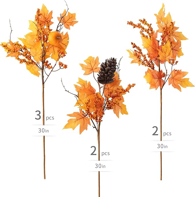MISSPIN 7 PCS 30 inch Orange Artificial Fall Maple Leaf Decor Stems, Fall Decorations Indoor Outdoor Halloween Thanksgiving Farmhouse Arrangement Decorations for Wedding Centerpieces in Autumn