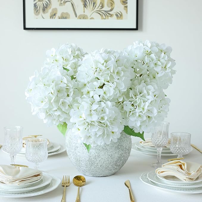 mizii 4Pcs White Artificial Hydrangea Flowers Large Fake Silk Hydrangea Flower with Leaves Stems Realistic Faux Hydrangeas Decorations for Wedding Table Centerpieces Vase Home Decor (White)