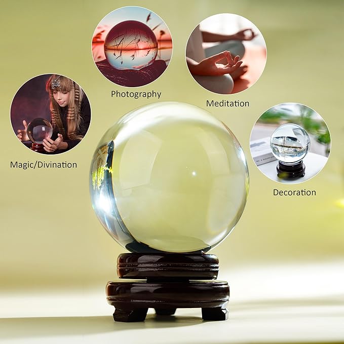 150mm/6inch Clear Crystal Ball with Wooden Stand Fortune Teller Mystical Quartz Ball Photography Props FengShui Divination Spheres