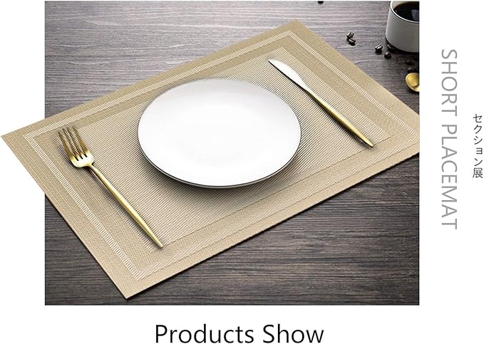 Placemats with Table Runner Set Place Mats, Woven Crossweave Vinyl Kitchen Tablemat, Washable PVC Vinyl Table Mats for Dining Table, Parties, Farmhouse, Thanksgiving, Christmas & Gathering (Gold)
