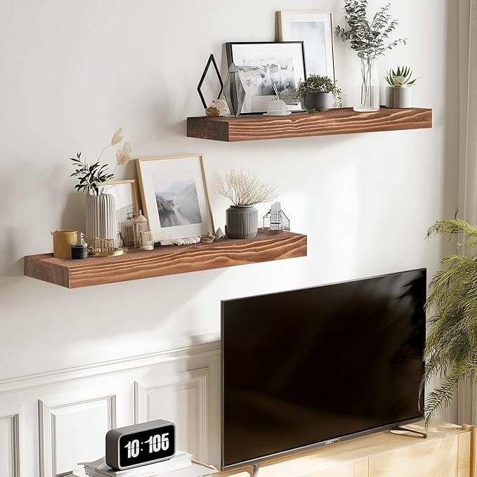 17x8x1.6 inch Floating Shelves Set of 2 – Solid Wood Rustic Brown Wall Mounted Shelf for Kitchen, Bathroom, Living Room