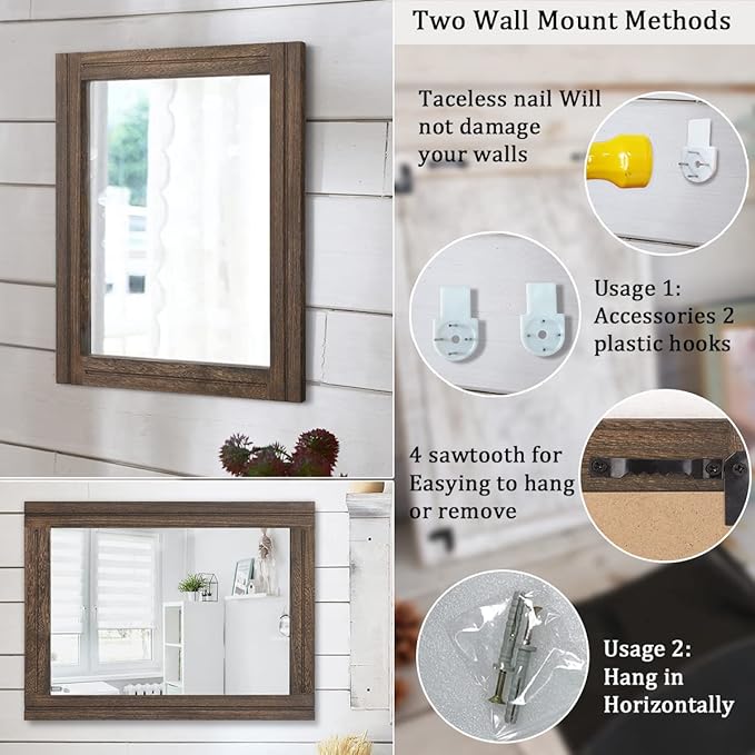 AAZZKANG Rustic Wood Mirror Rectangle Decorative Wall Hanging Mirrors with Frame Large 20"x16" for Bedroom Living Room Bathroom Home Entryway
