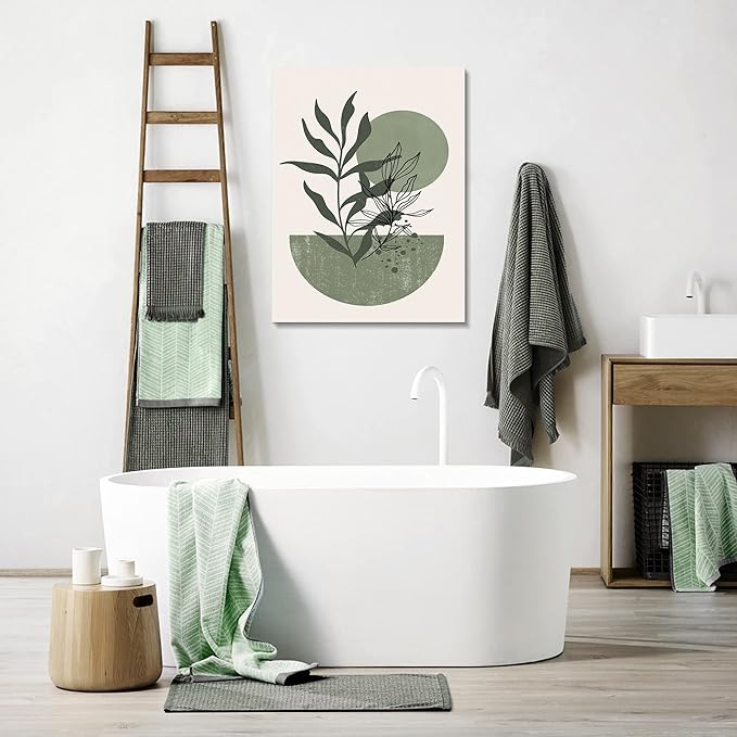 Sage Green Wall Posters & Prints, Green Boho Wall Art Set of 3, Minimalist Framed Wall Art Geometric Line Leaf Sun Moon Beige Green Canvas Artwork Paintings
