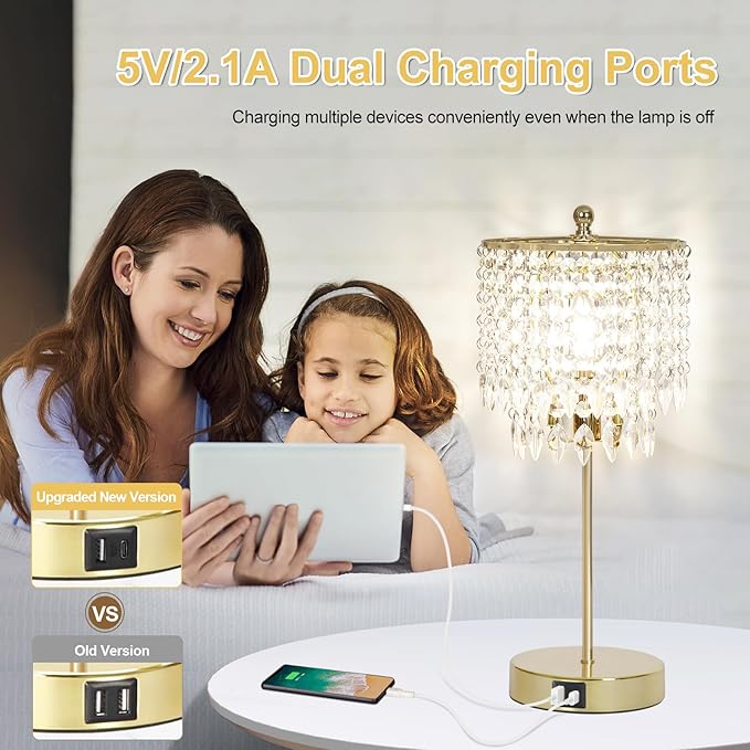 Boncoo Crystal Table Lamp Set of 2, 3-Way Dimmable Nightstand Lamp with 2 USB Charging Ports, Gold Bedside Lamp for Bedroom, Touch Lamp with Elegant Shade for Living Room, B11 LED Bulb Included