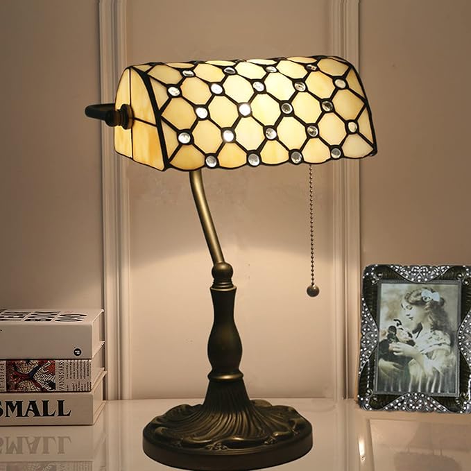 Tiffany Style Bankers Table Lamp Stained Glass Piano Desk Lamp Vintage Bedroom Bedside Lamp for Study,Antique Alloy Base,Zipper Switch,Beige