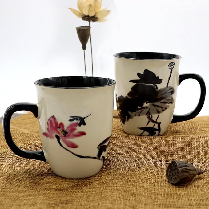 Funny Ceramic Magic Heat Color Changing Art Coffee Tea Mug Lotus Printing Porcelain Mugs for Women Personalized White Green Tea Cup 16 oz Large Coffee Mug for Mom Girl Grandma And Man