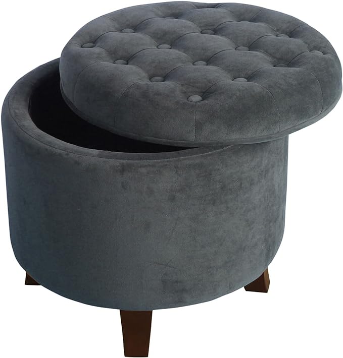 Homepop Home Decor | Upholstered Round Velvet Tufted Foot Rest Ottoman | Ottoman with Storage for Living Room & Bedroom | Decorative Home Furniture, Dark Gray Small